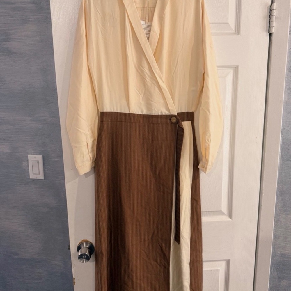 Cream and Brown Two-Tone Wrap Midi Dress